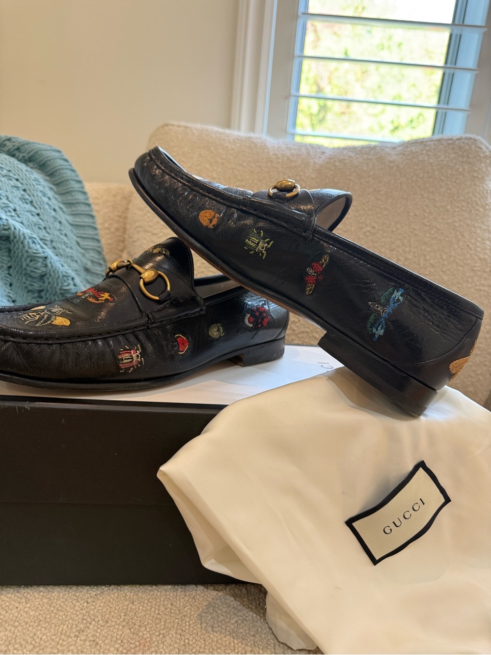 Gucci Black Leather Embroidered Horsebit Loafers